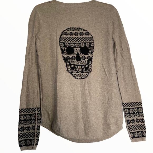 Skull Cashmere Sweater Tan Checkerboard Print S - Picture 1 of 4